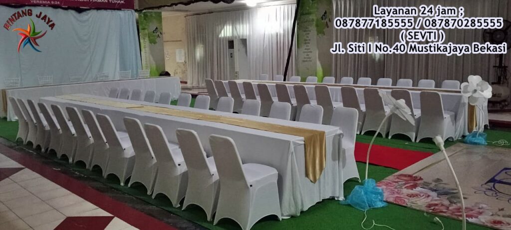 Sewa Meja Persegi Panjang Taplak Putih Tooping Gold Jakarta