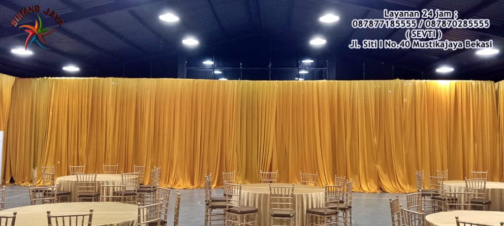 Sewa Tirai Gold Bahan Kain melamin event Jakarta