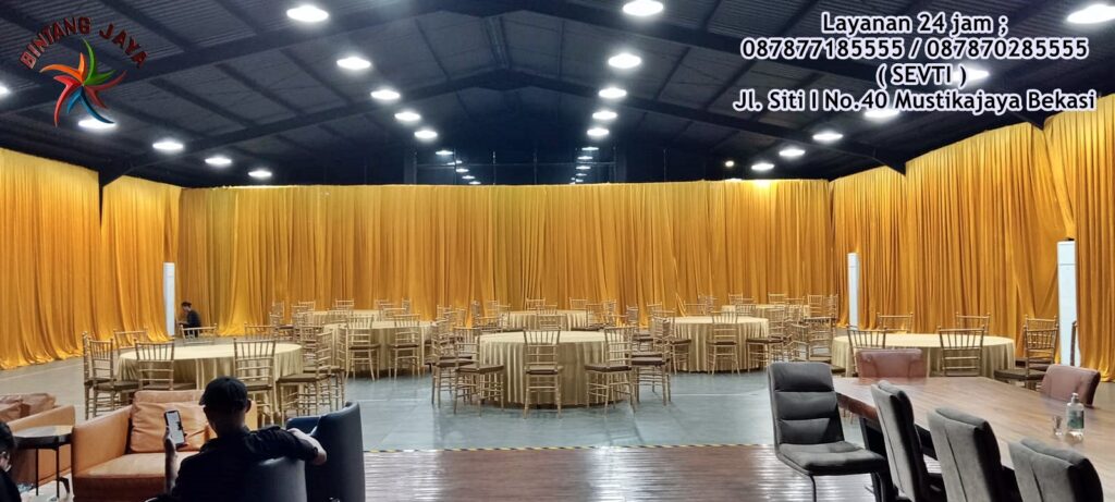 Sewa Tirai Gold Bahan Kain melamin event Jakarta