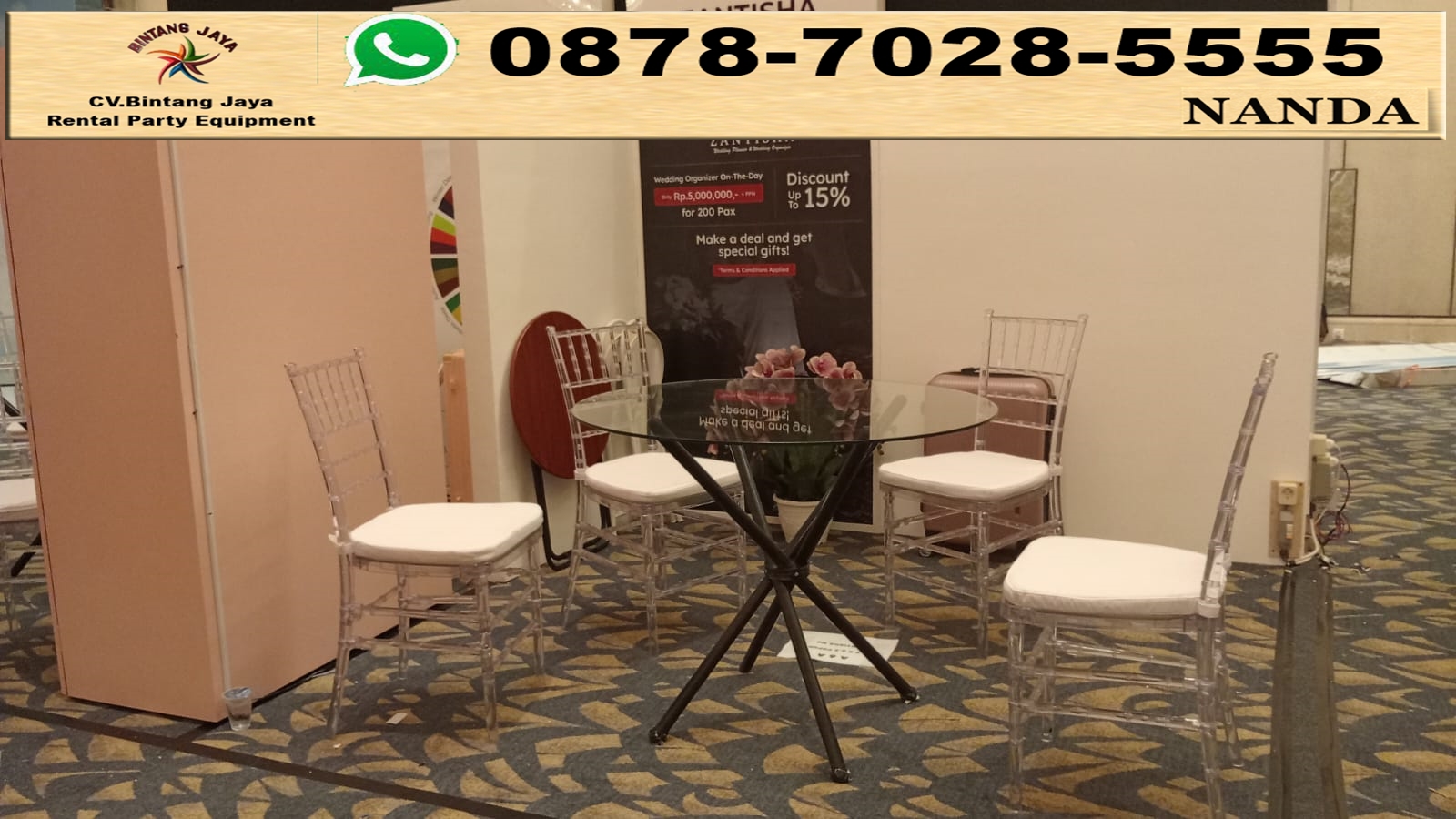 Sewa Meja Dealing Kaca Set Kursi Tiffany Acrylic Event Hotel Sheraton