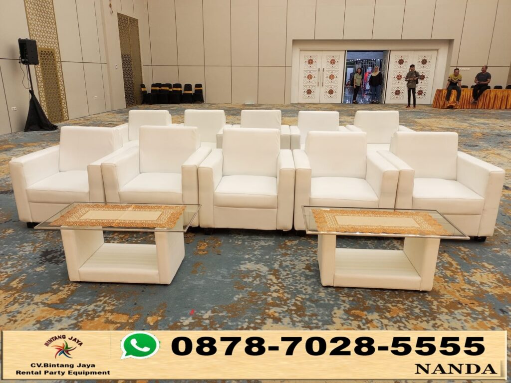 Rental Sofa Type Kotak Minimalis Putih Set Meja Vip Kaca di Jakarta