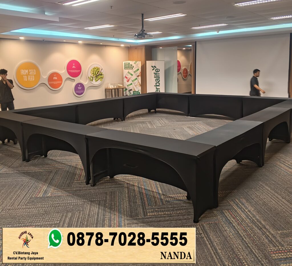 Sewa Meja IBM Ukuran 45x180cm Cover Ketat Hitam Jakarta