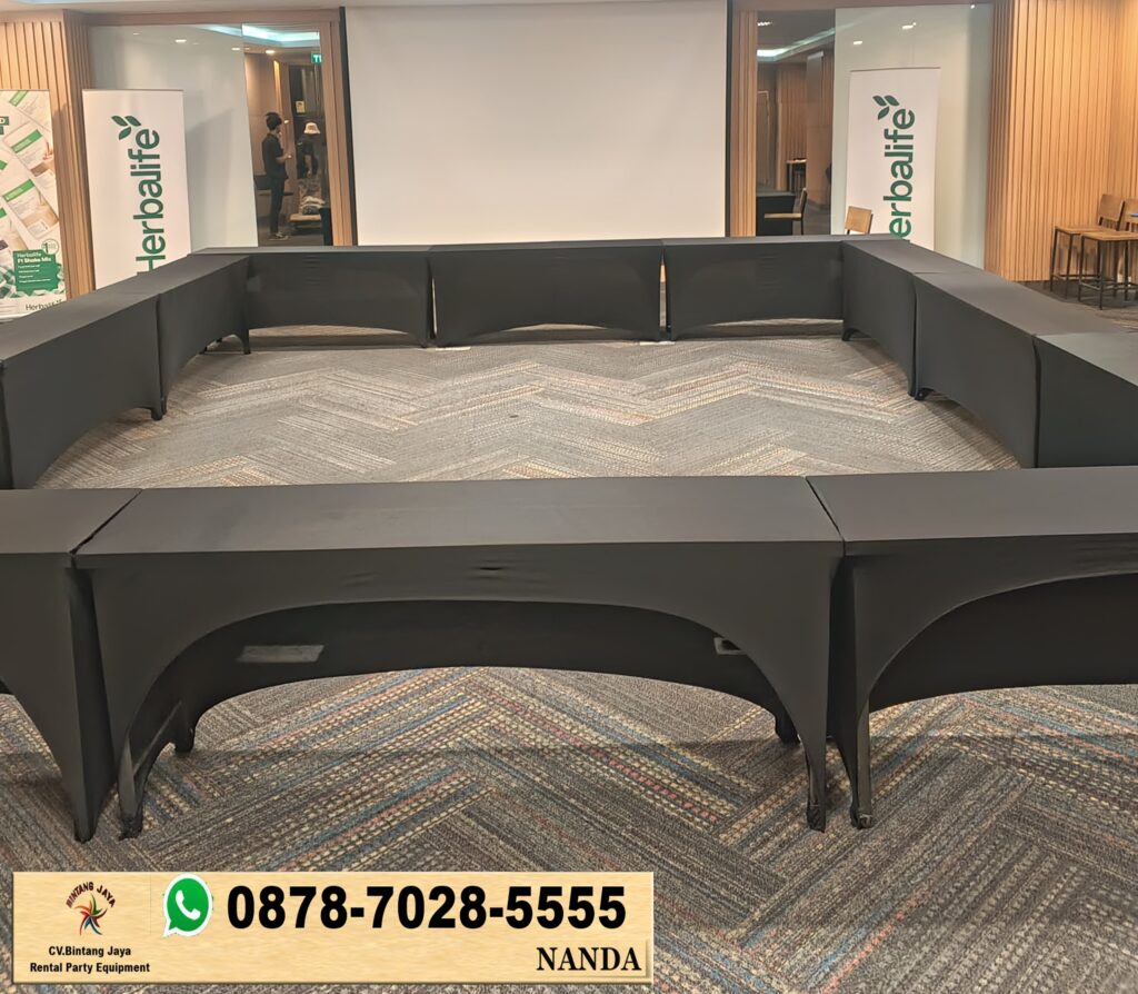 Sewa Meja IBM Ukuran 45x180cm Cover Ketat Hitam Jakarta