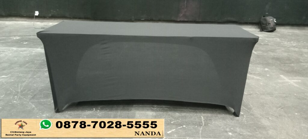 Sewa Meja IBM Ukuran 45x180cm Cover Ketat Hitam Jakarta