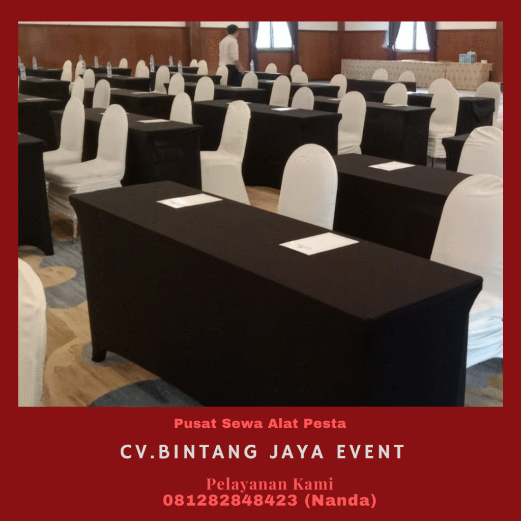 Sewa Meja Kotak Cover Hitam Ketat Event Sabha Widya Depok