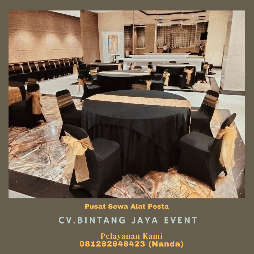 Sewa Round Table Cover Hitam Runner Gold Lengkap Murah Bekasi