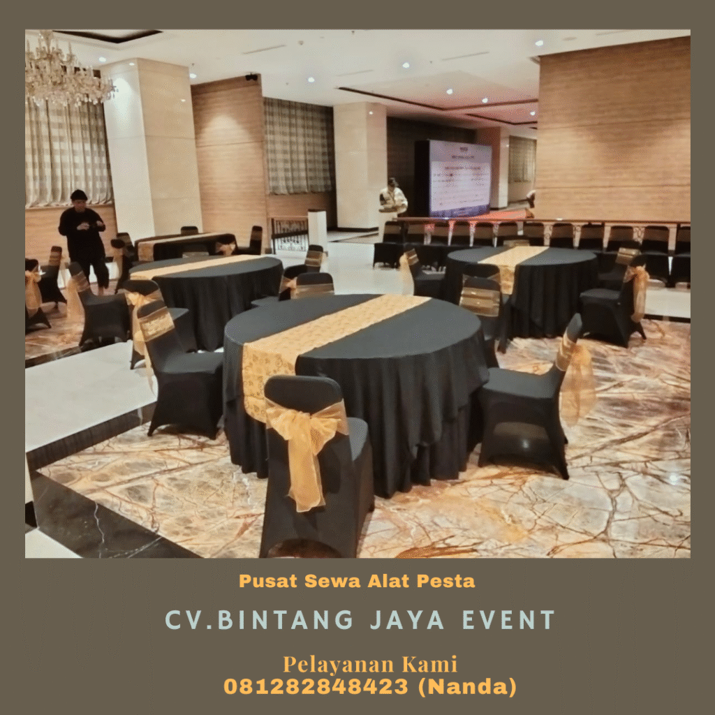 Sewa Round Table Cover Hitam Runner Gold Lengkap Murah Bekasi