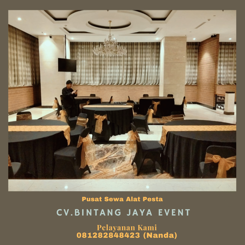 Sewa Round Table Cover Hitam Runner Gold Lengkap Murah Bekasi