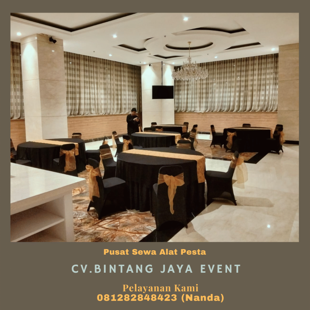 Sewa Round Table Cover Hitam Runner Gold Lengkap Murah Bekasi