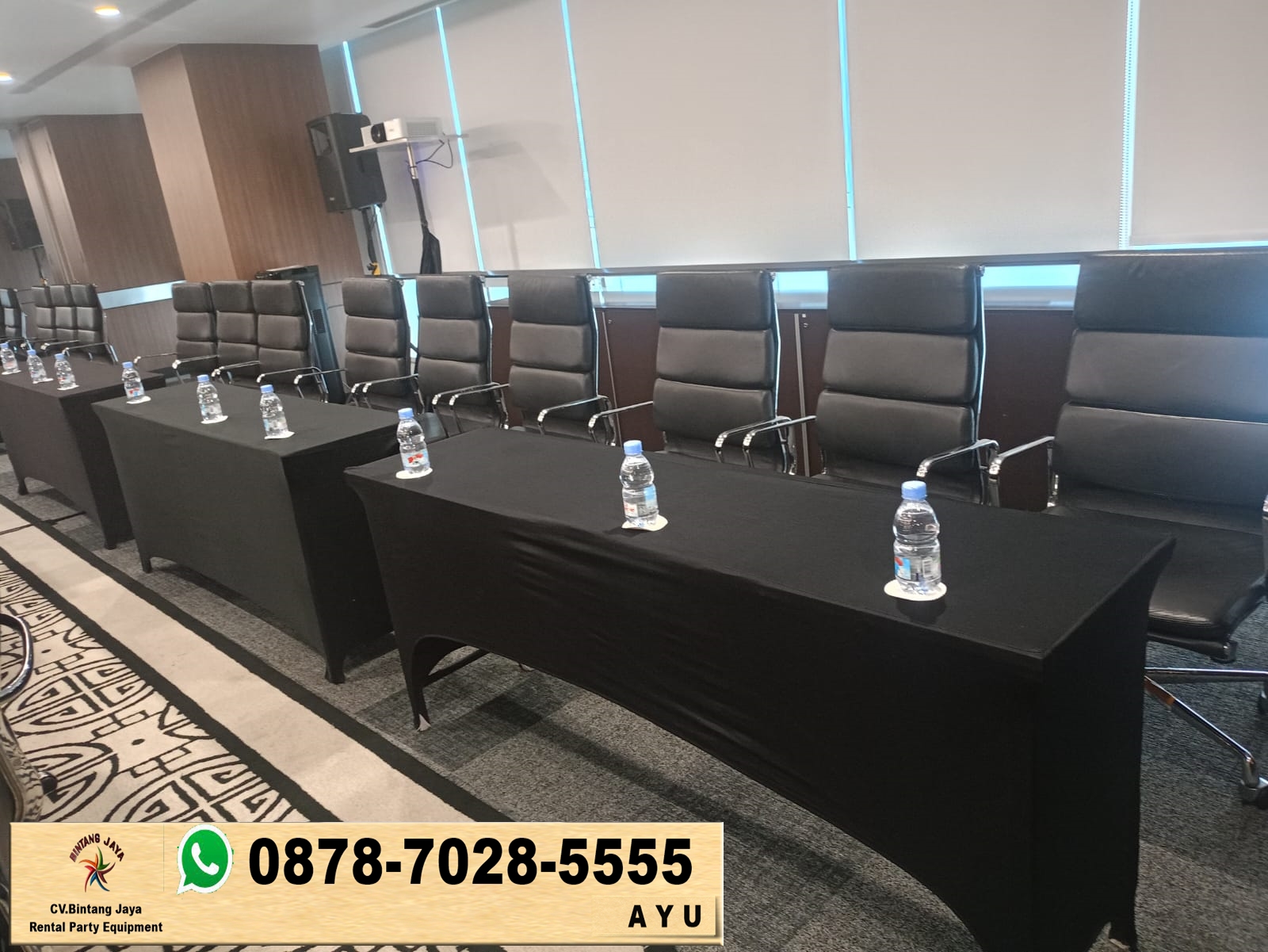 Rental Meja Ibm 45x180cm Cover itam Ketat Boogor