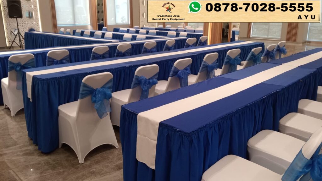 Rental Meja Kotak Biru Dan Futura Pita Biru Di Bekasi