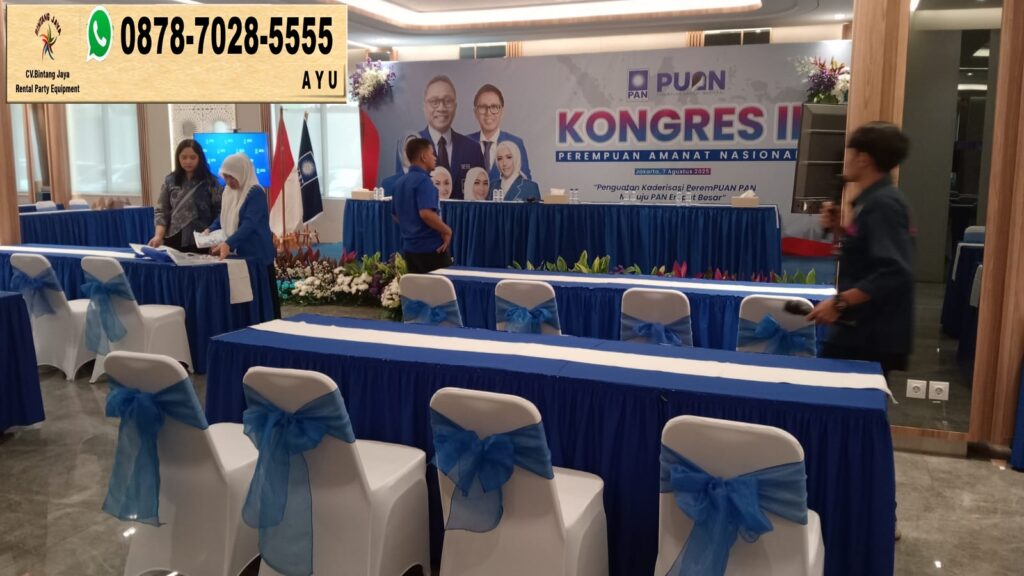 Rental Meja Kotak Biru Dan Futura Pita Biru Di Bekasi