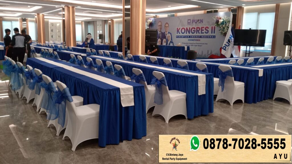 Rental Meja Kotak Biru Dan Futura Pita Biru Di Bekasi