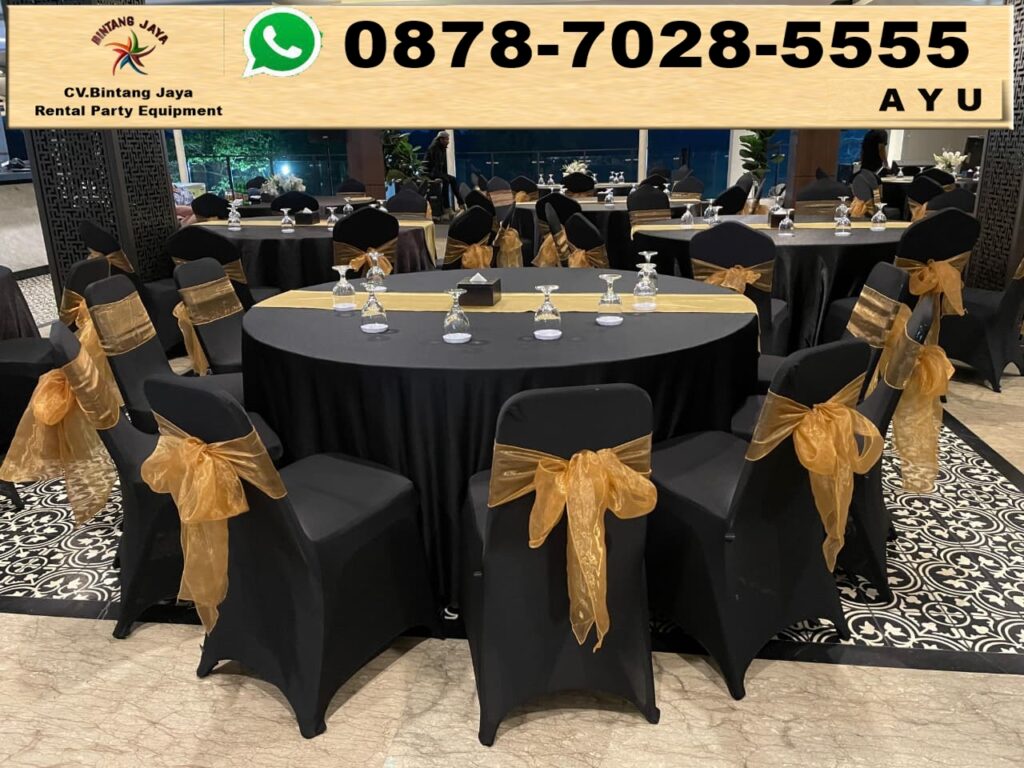Sewa Meja Bundar D120 cm Cover Tebar Hitam Runner Gold Jakarta