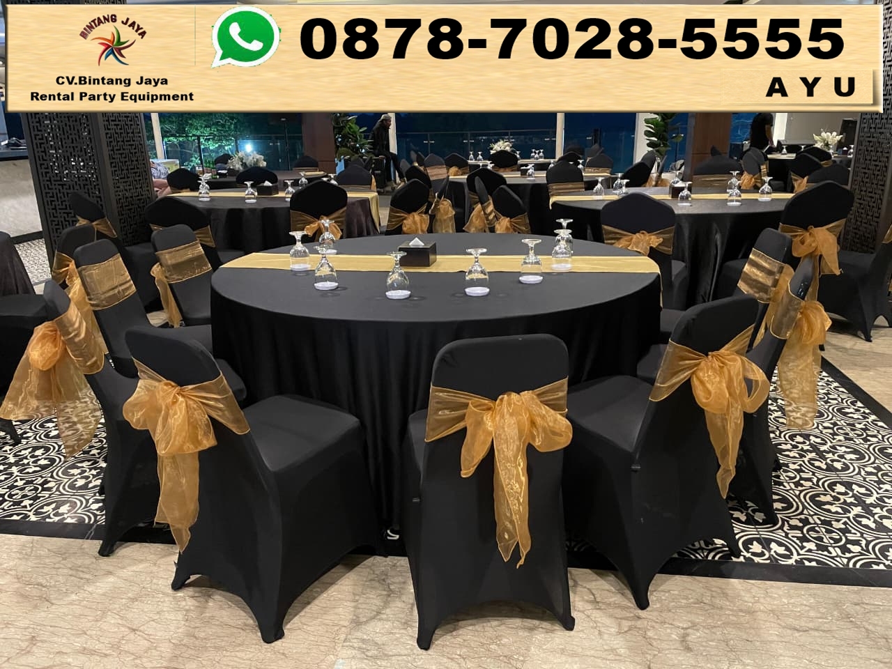 Sewa Meja Bundar D120 cm Cover Tebar Hitam Runner Gold Jakarta
