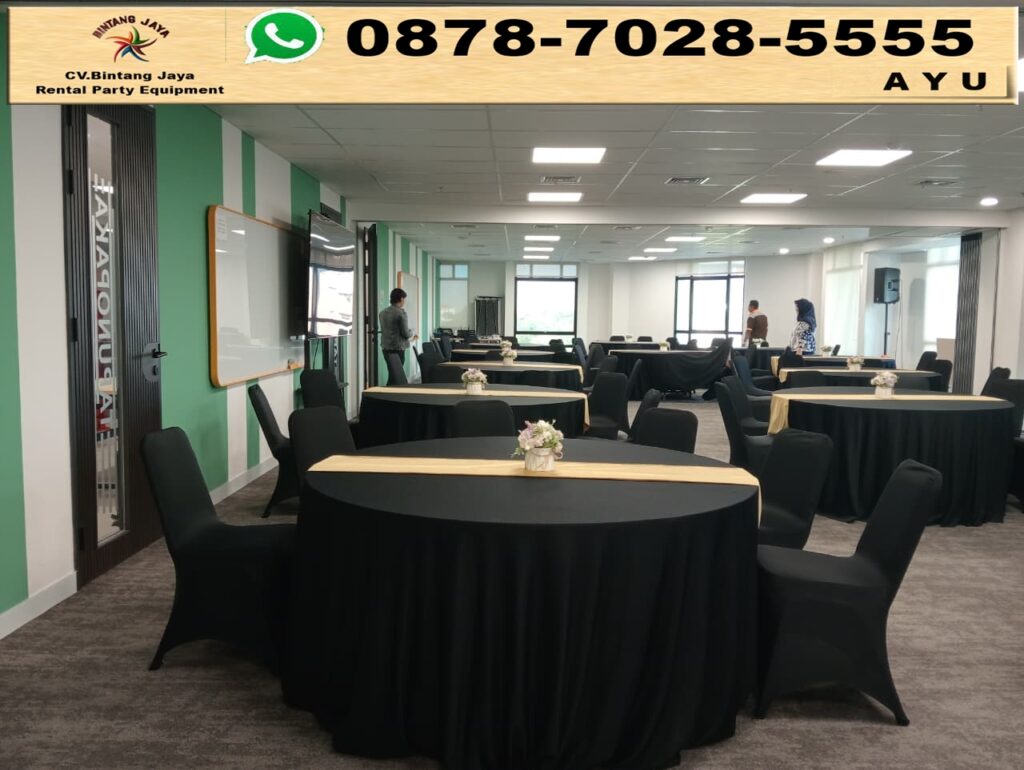 Sewa Meja Bundar D120 cm Cover Tebar Hitam Runner Gold Jakarta
