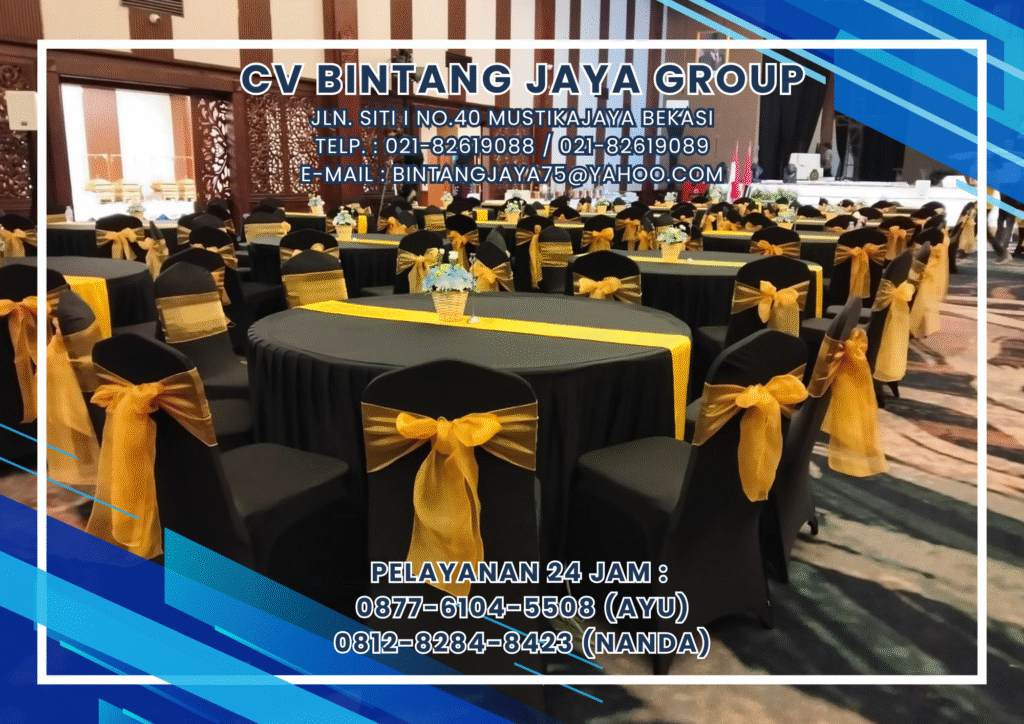 PUSAT SEWA SET ALAT PESTA MEJA BUNDAR DAN KURSI COVER HITAM PITA GOLD JAKARTA