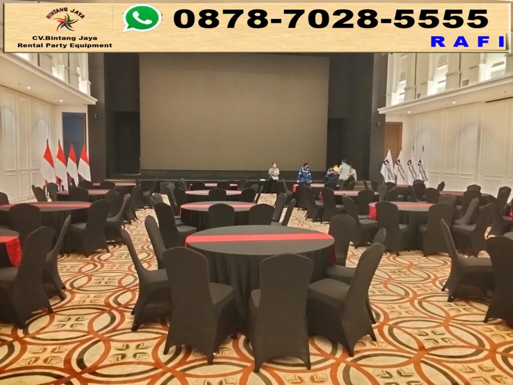 Rental Round Table Dan Kursi Cover Hitam Runner Merah Jakarta