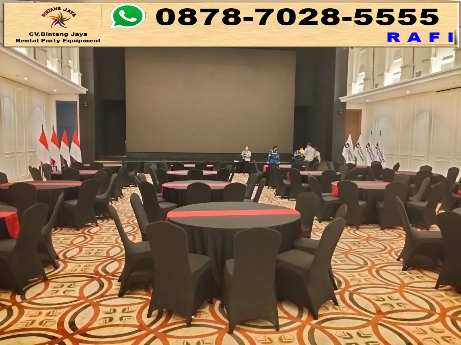 Rental Round Table Dan Kursi Cover Hitam Runner Merah Jakarta