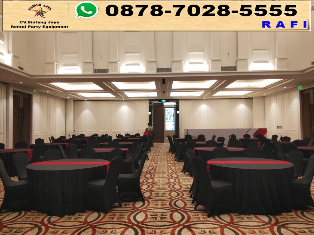 Rental Round Table Dan Kursi Cover Hitam Runner Merah Jakarta