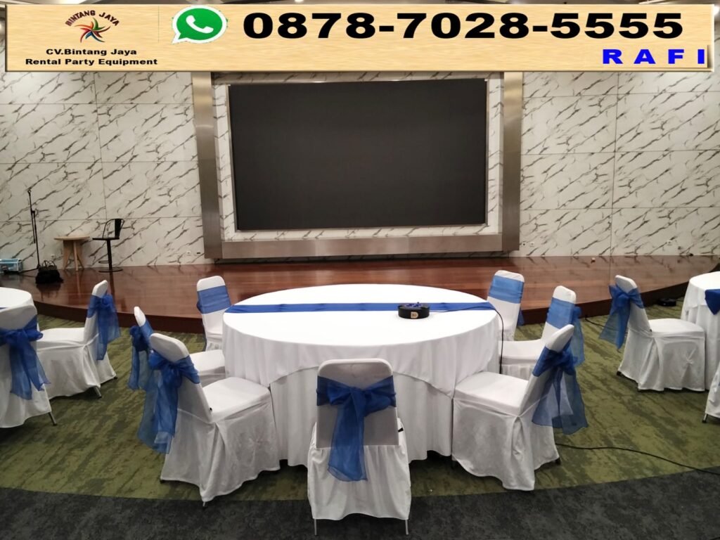 Paket Sewa Meja Bulat Dan Futura Pita Biru Event Kemayoran