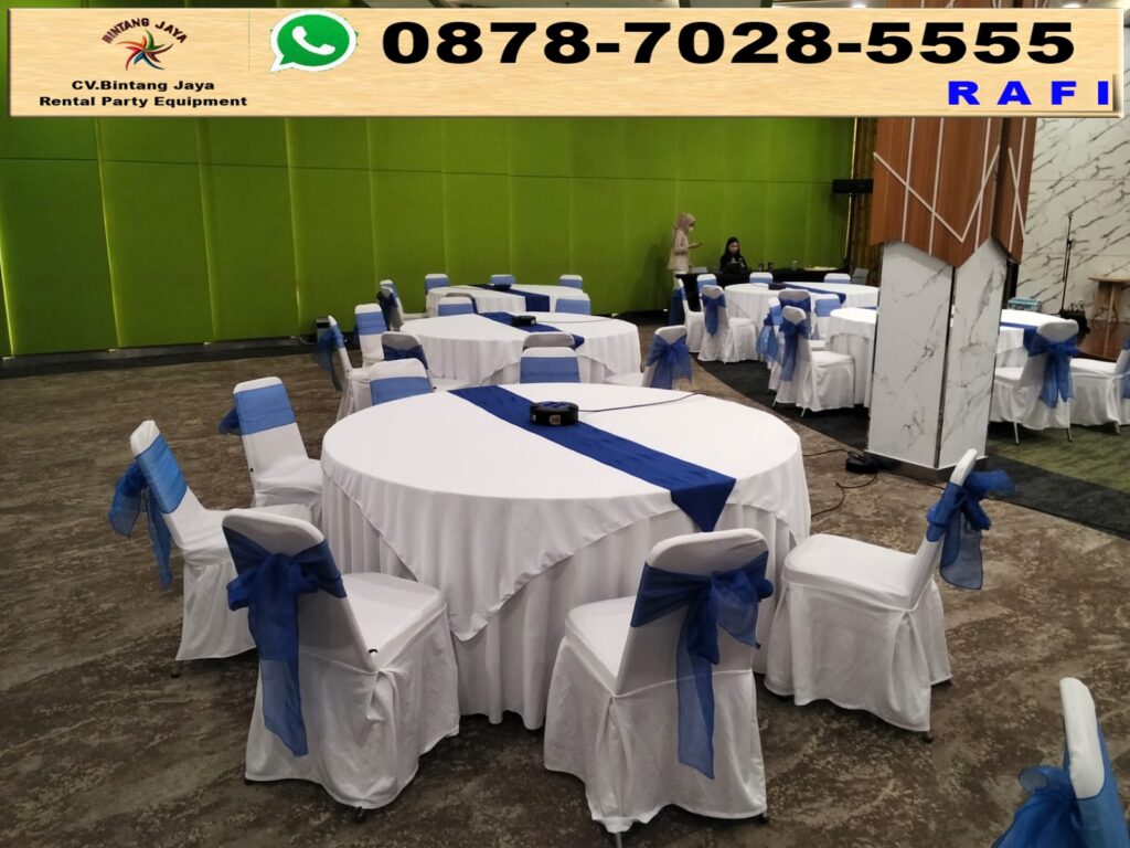 Paket Sewa Meja Bulat Dan Futura Pita Biru Event Kemayoran
