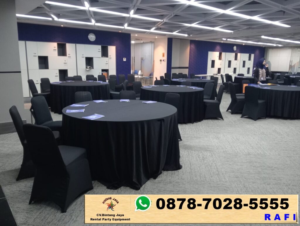 Rental Round Table dan Kursi Event Tema Cover Hitam Cikarang