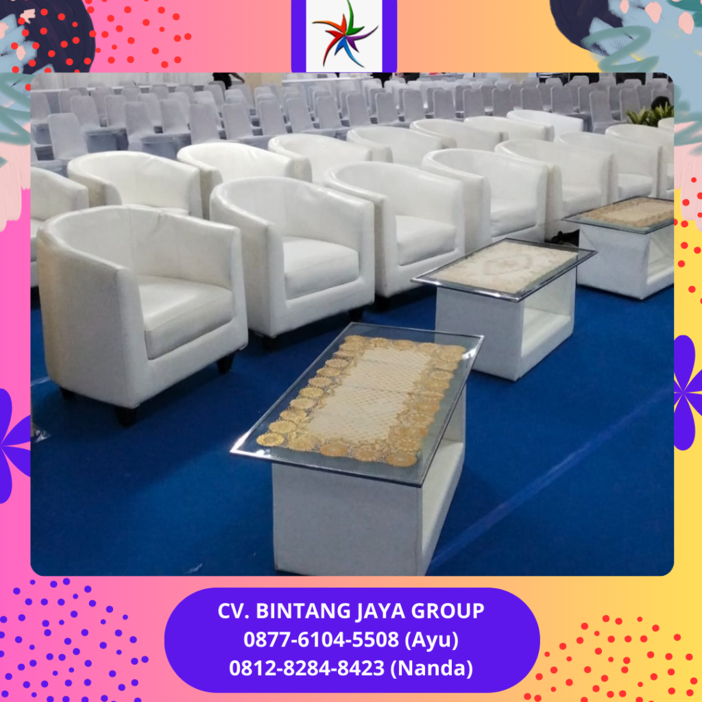 Sewa Sofa Oval,Kursi Susun Cover Putih,Meja Kaca VIP Jakarta