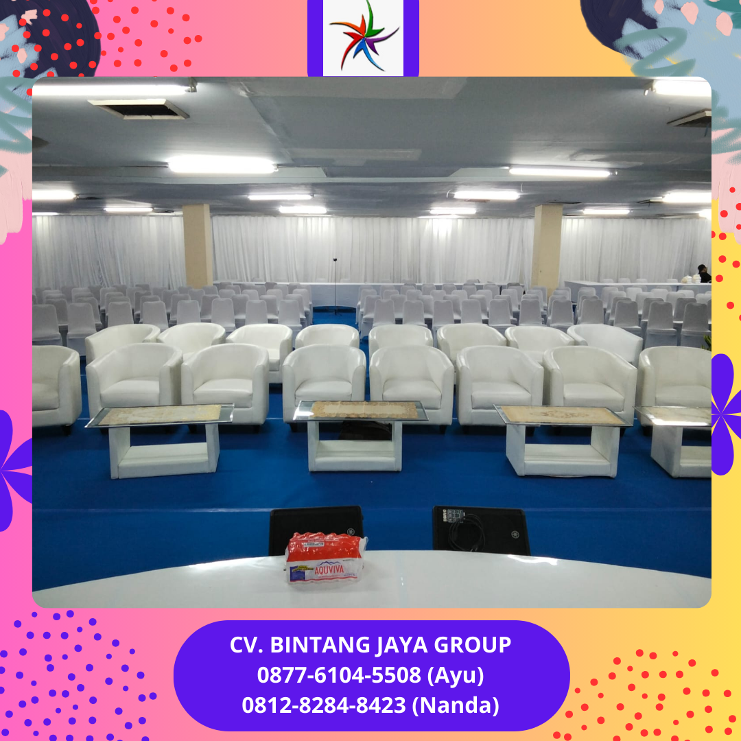 Sewa Sofa Oval,Kursi Susun Cover Putih,Meja Kaca VIP Jakarta