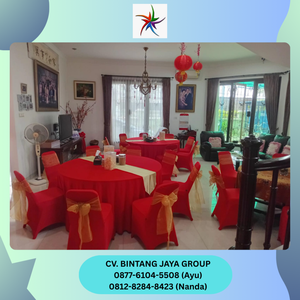 Sewa Meja Bulat Tebar Merah Runner Gold, Kursi Cover Merah, Pita Bekasi