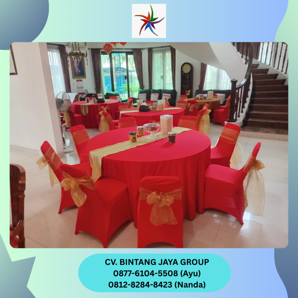 Sewa Meja Bulat Tebar Merah Runner Gold, Kursi Cover Merah, Pita Bekasi
