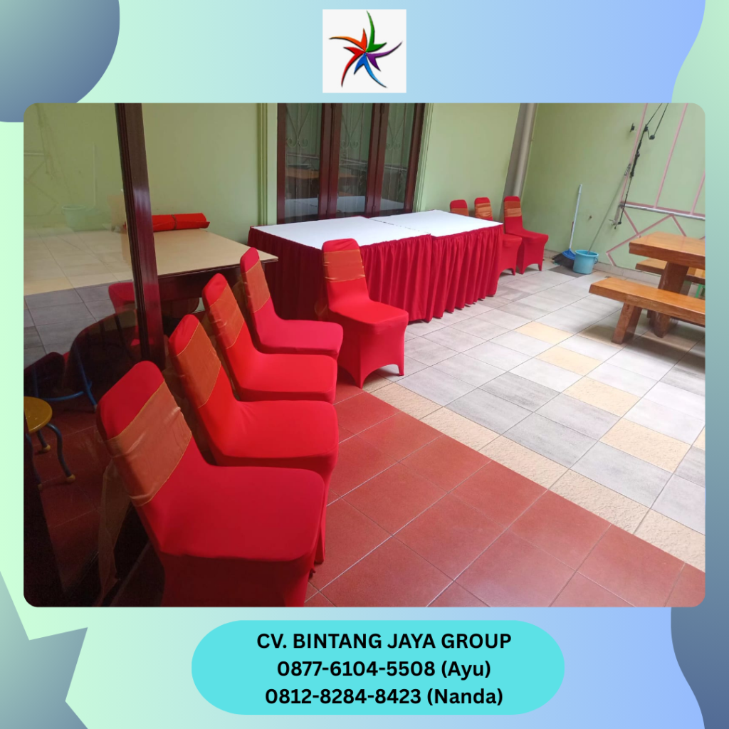 Sewa Meja Bulat Tebar Merah Runner Gold, Kursi Cover Merah, Pita Bekasi