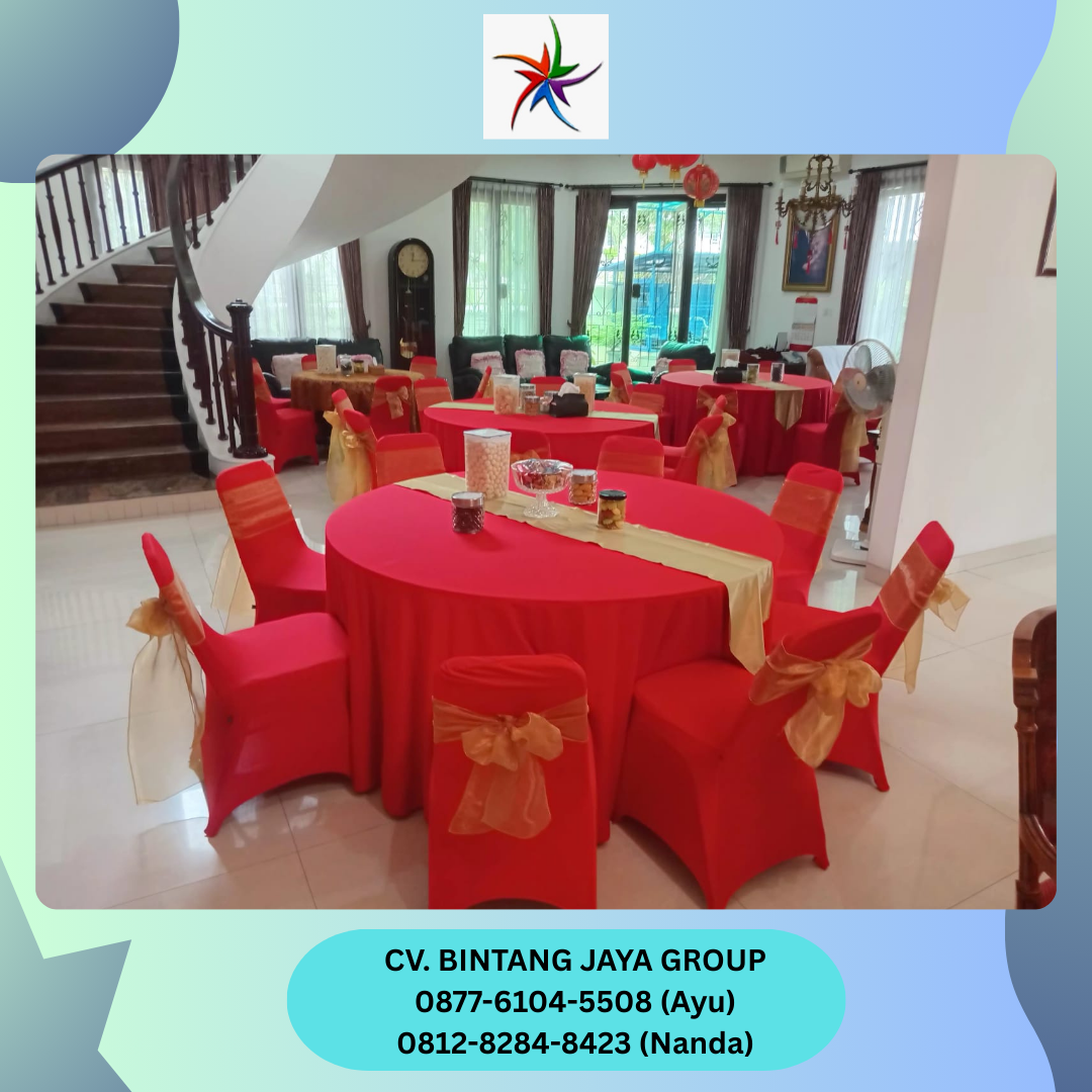 Sewa Meja Bulat Tebar Merah Runner Gold, Kursi Cover Merah, Pita Bekasi