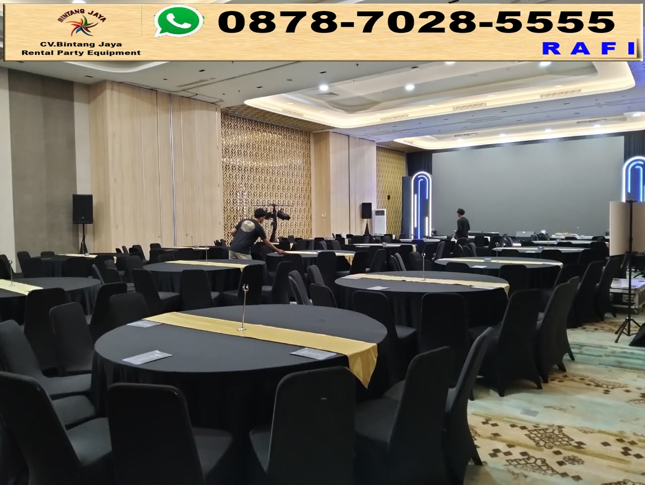 Sewa Meja Bulat Taplak Hitam Runner Gold Bogor