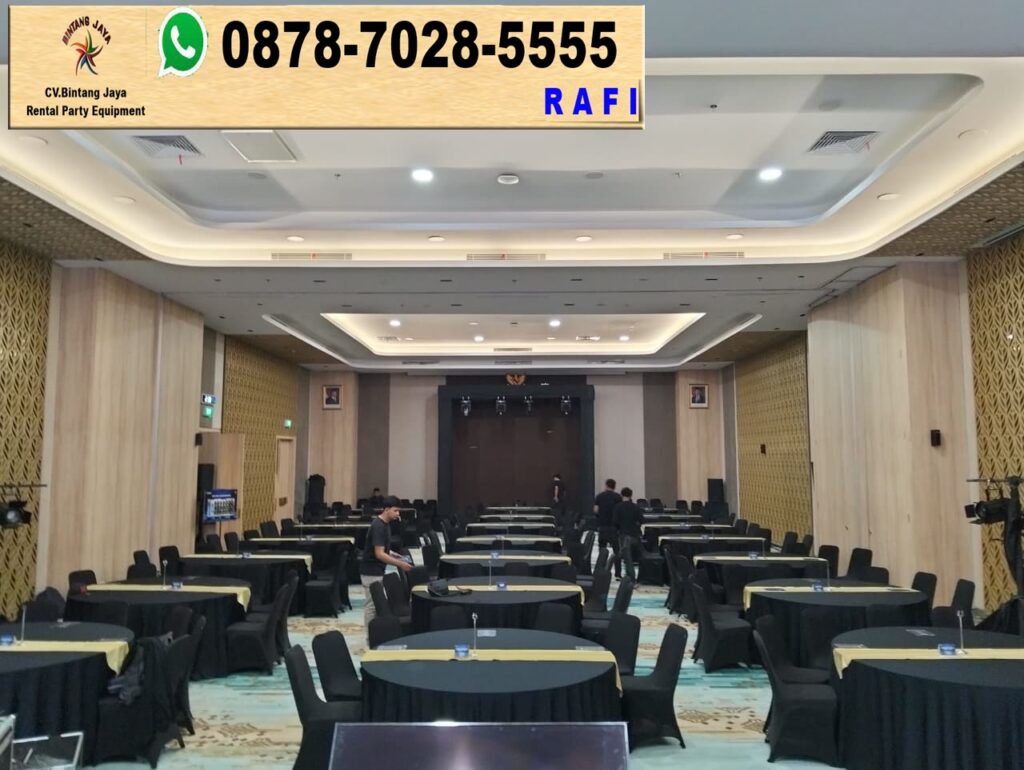 Sewa Meja Bulat Taplak Hitam Runner Gold Bogor