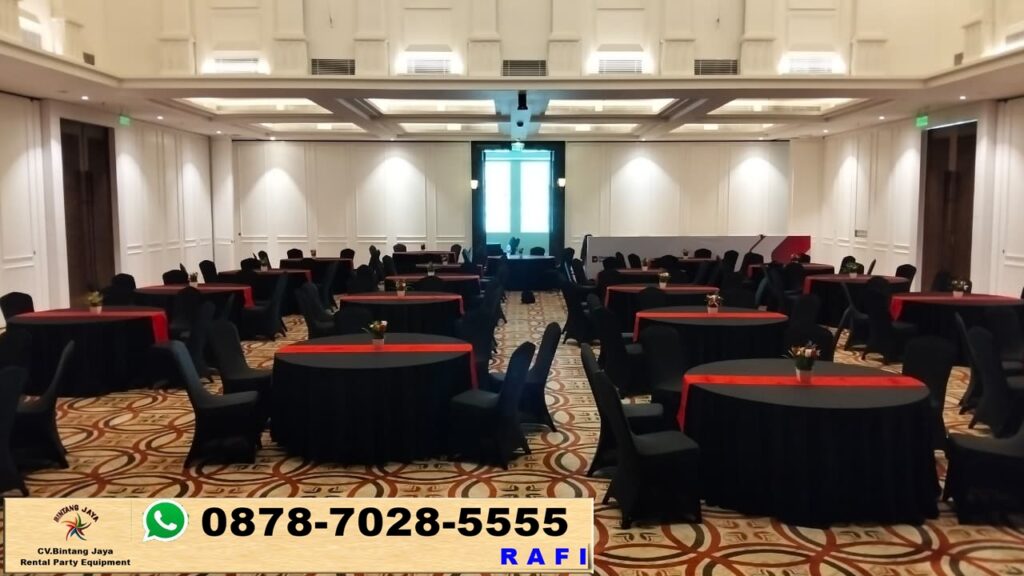 Sewa Meja Bundar Cover Taplak Meja Hitam Runner Merah Jakarta