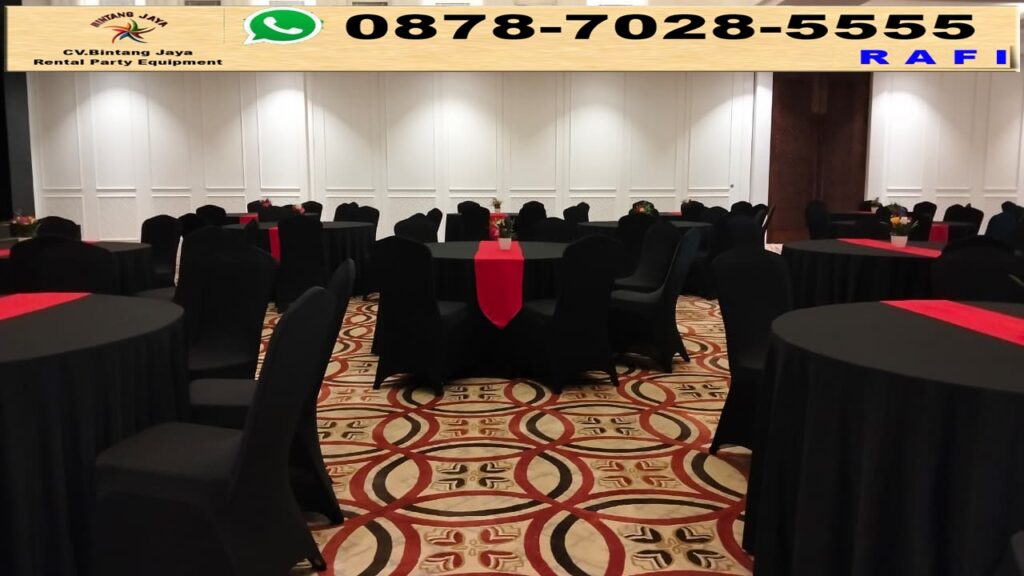 Sewa Meja Bundar Cover Taplak Meja Hitam Runner Merah Jakarta
