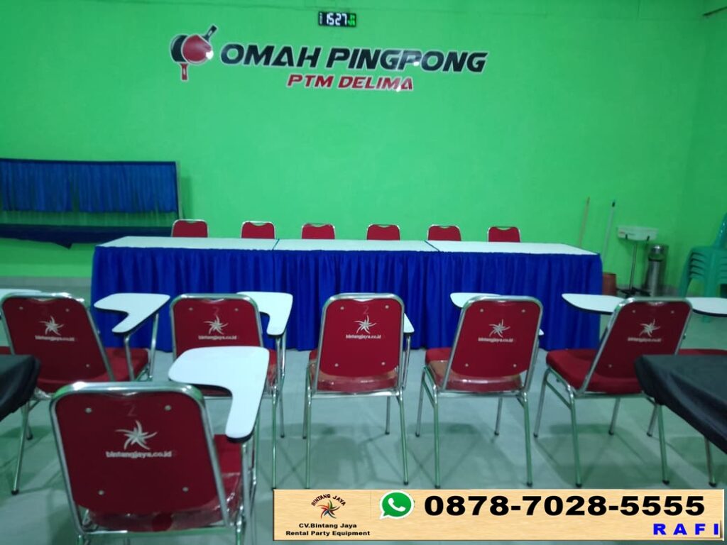 Sewa Meja Kotak Cover Biru Putih & Kursi Futura Test Event Di Perumahan Bumi Cikarang