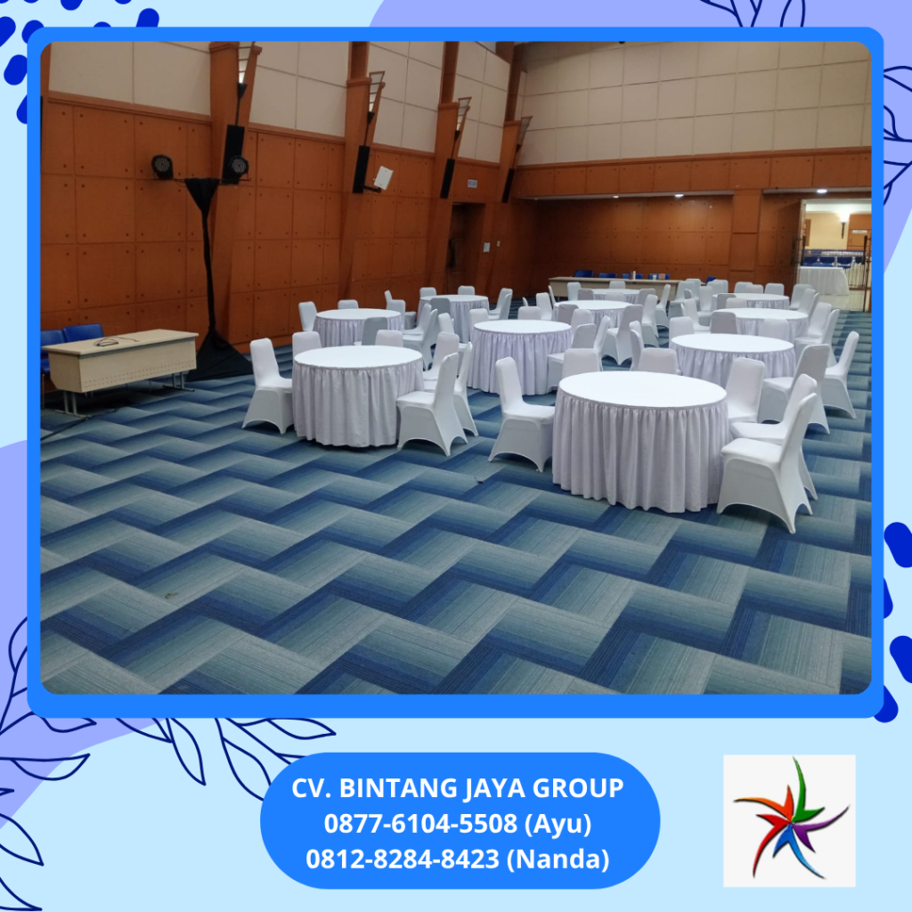 Sewa MEJA BULAT KURSI FUTURA Cover Putih Event Kemendikti Jakarta