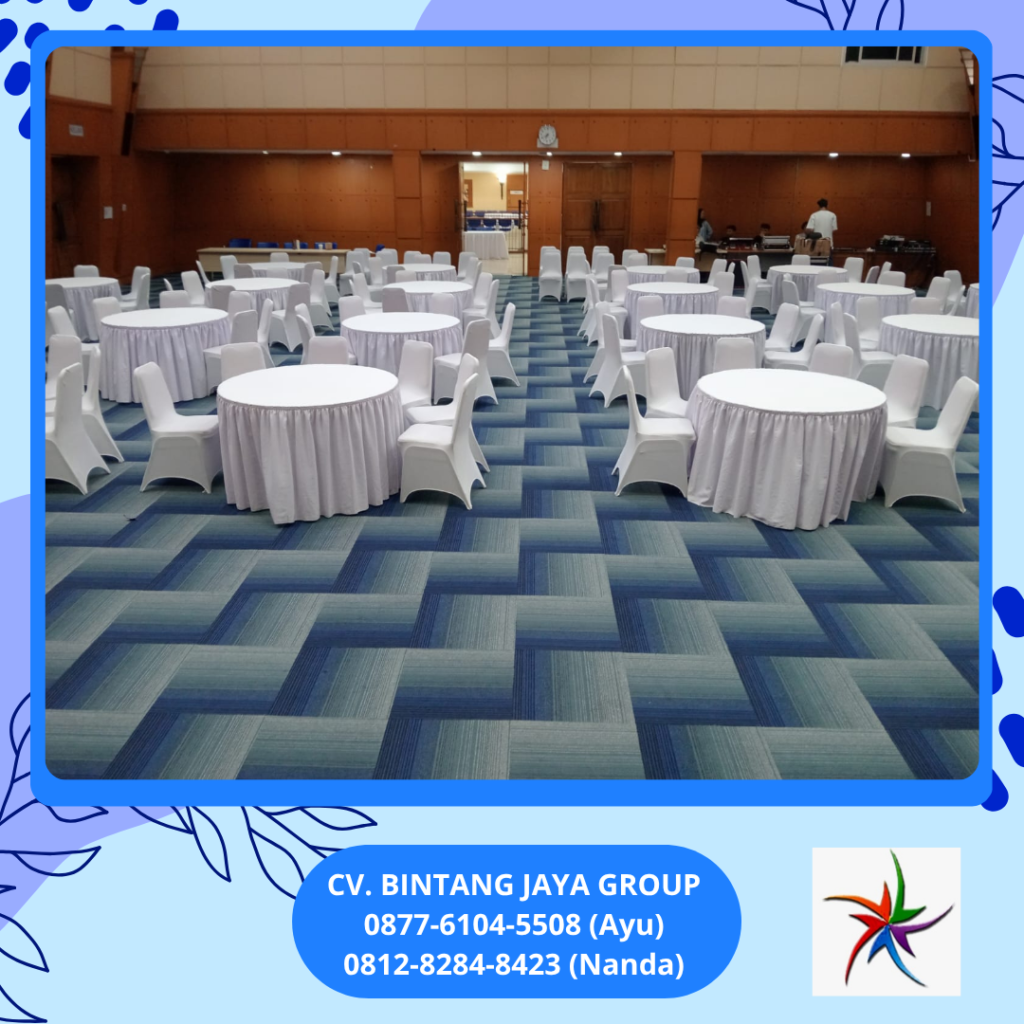 Sewa MEJA BULAT KURSI FUTURA Cover Putih Event Kemendikti Jakarta