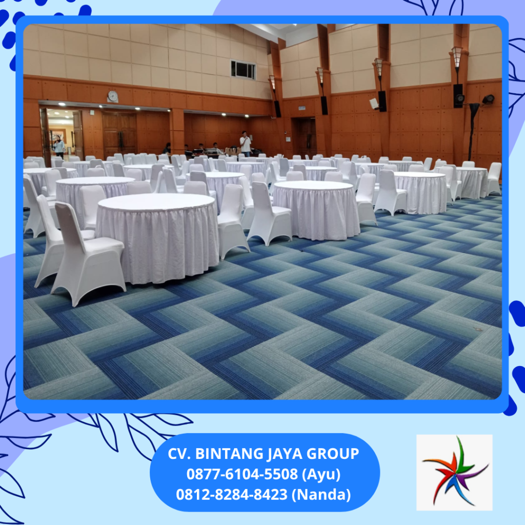 Sewa MEJA BULAT KURSI FUTURA Cover Putih Event Kemendikti Jakarta
