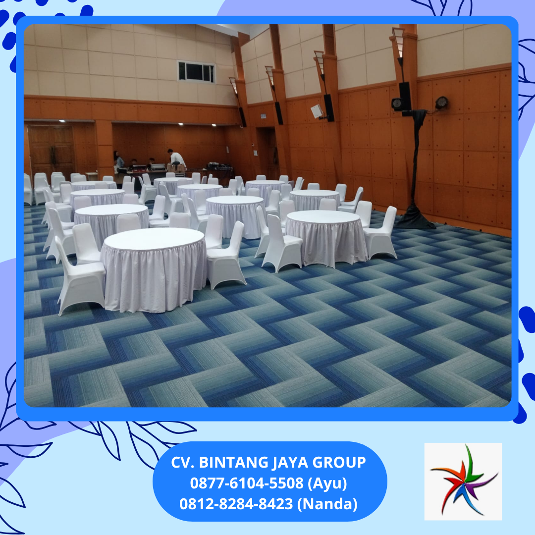 Sewa MEJA BULAT KURSI FUTURA Cover Putih Event Kemendikti Jakarta