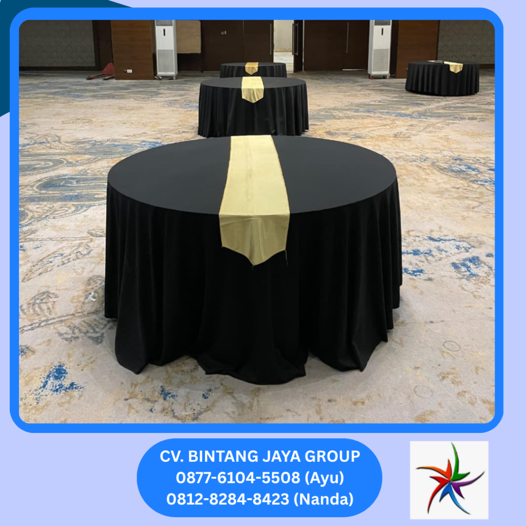 Sewa MEJA BULAT COVER HITAM RUNNER GOLD Jakarta