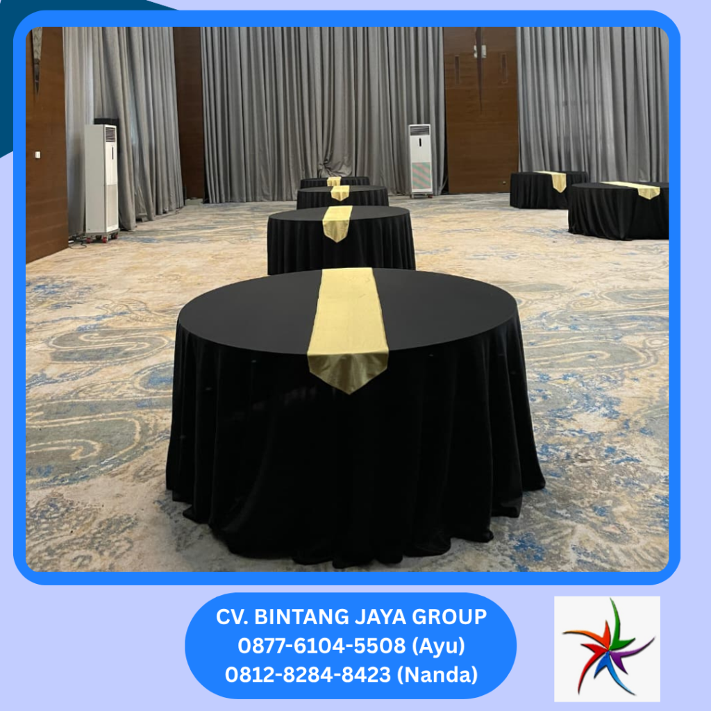 Sewa MEJA BULAT COVER HITAM RUNNER GOLD Jakarta
