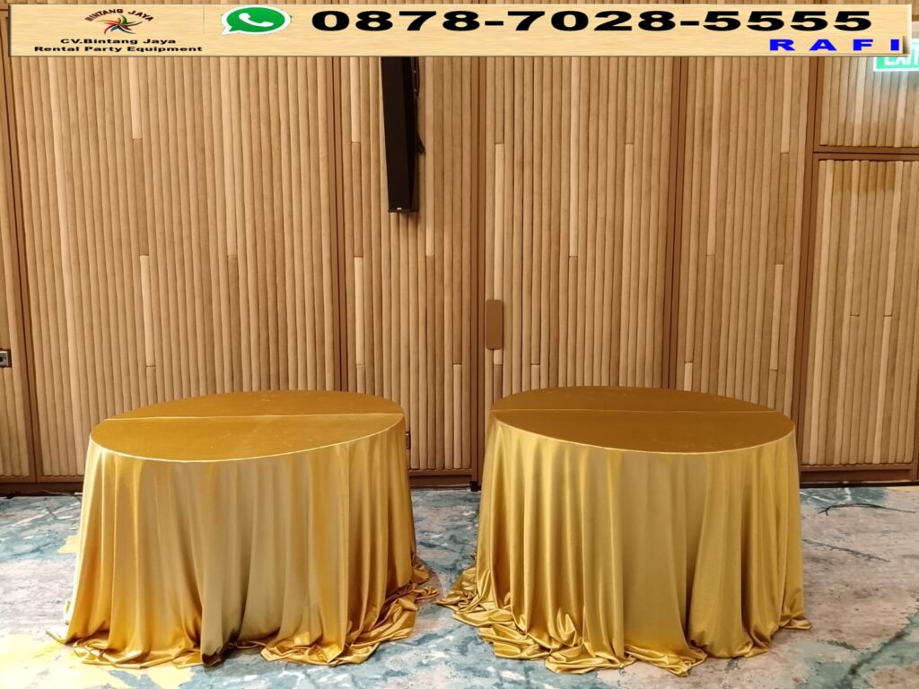 Sewa Meja Bulat D160cm Cover Tebar Gold Event Tanah Abang Jakarta Pusat