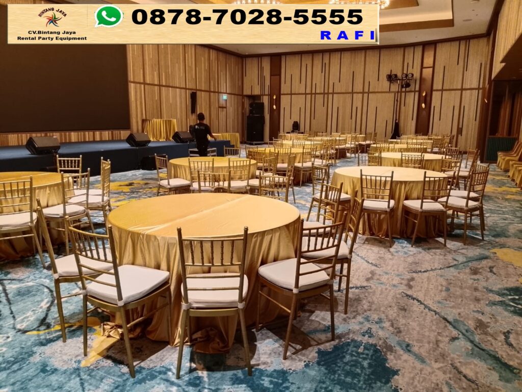 Sewa Meja Bulat D160cm Cover Tebar Gold Event Tanah Abang Jakarta Pusat