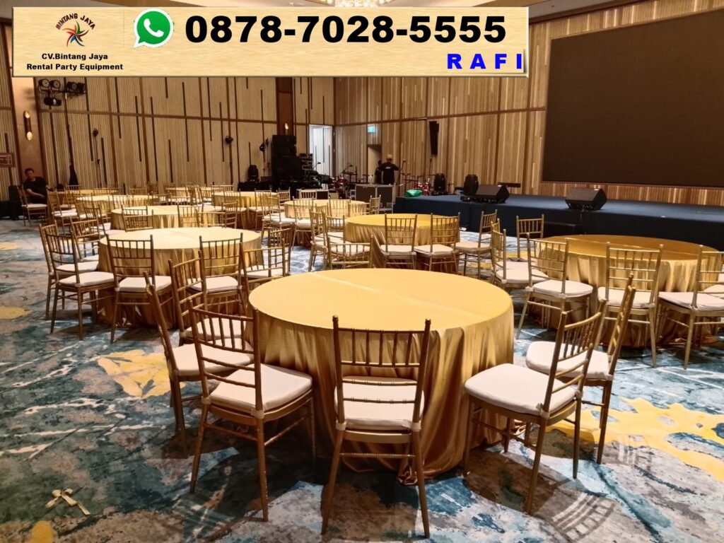 Sewa Meja Bulat D160cm Cover Tebar Gold Event Tanah Abang Jakarta Pusat