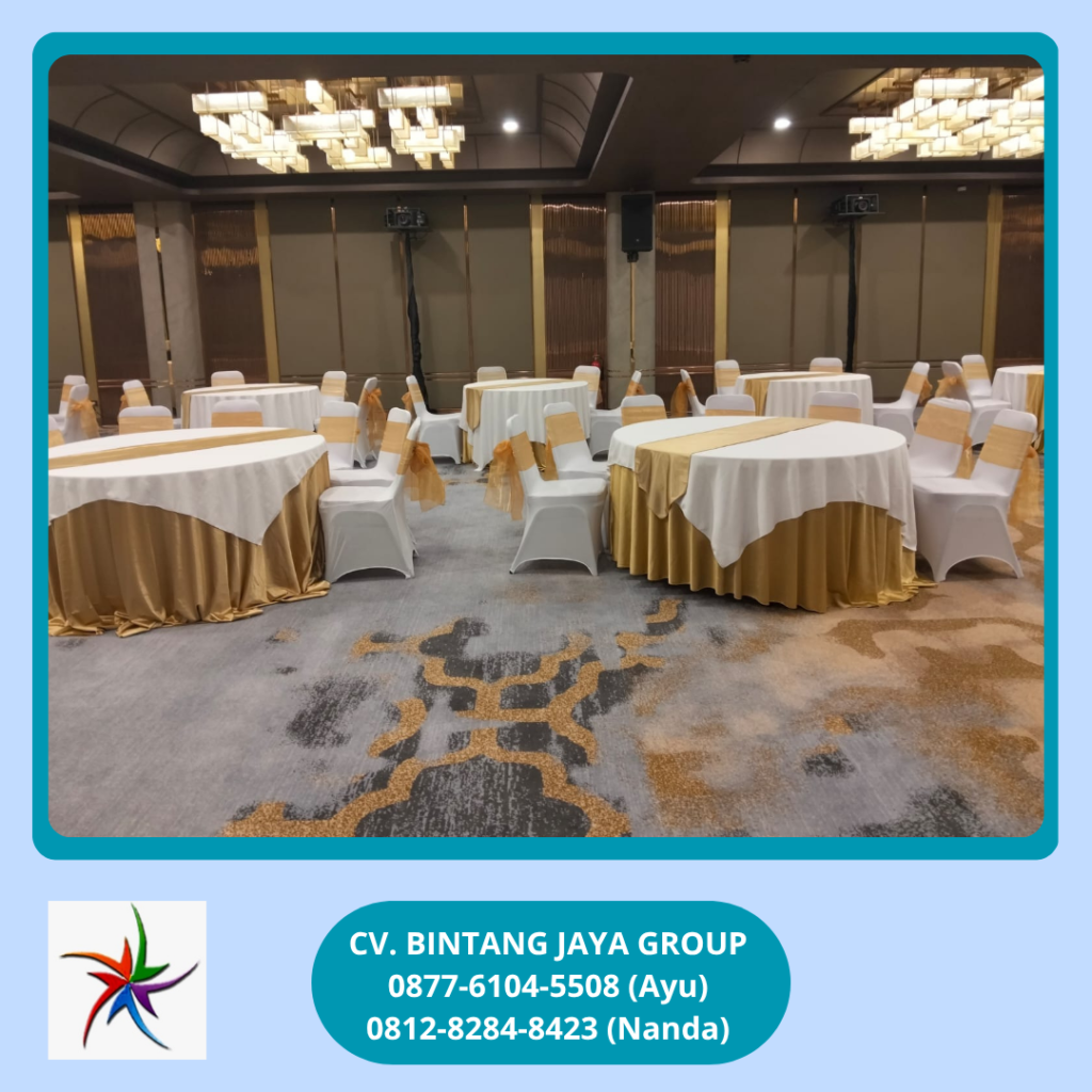 Sewa Meja Bulat Cover Tebar Gold Toping Putih Bogor