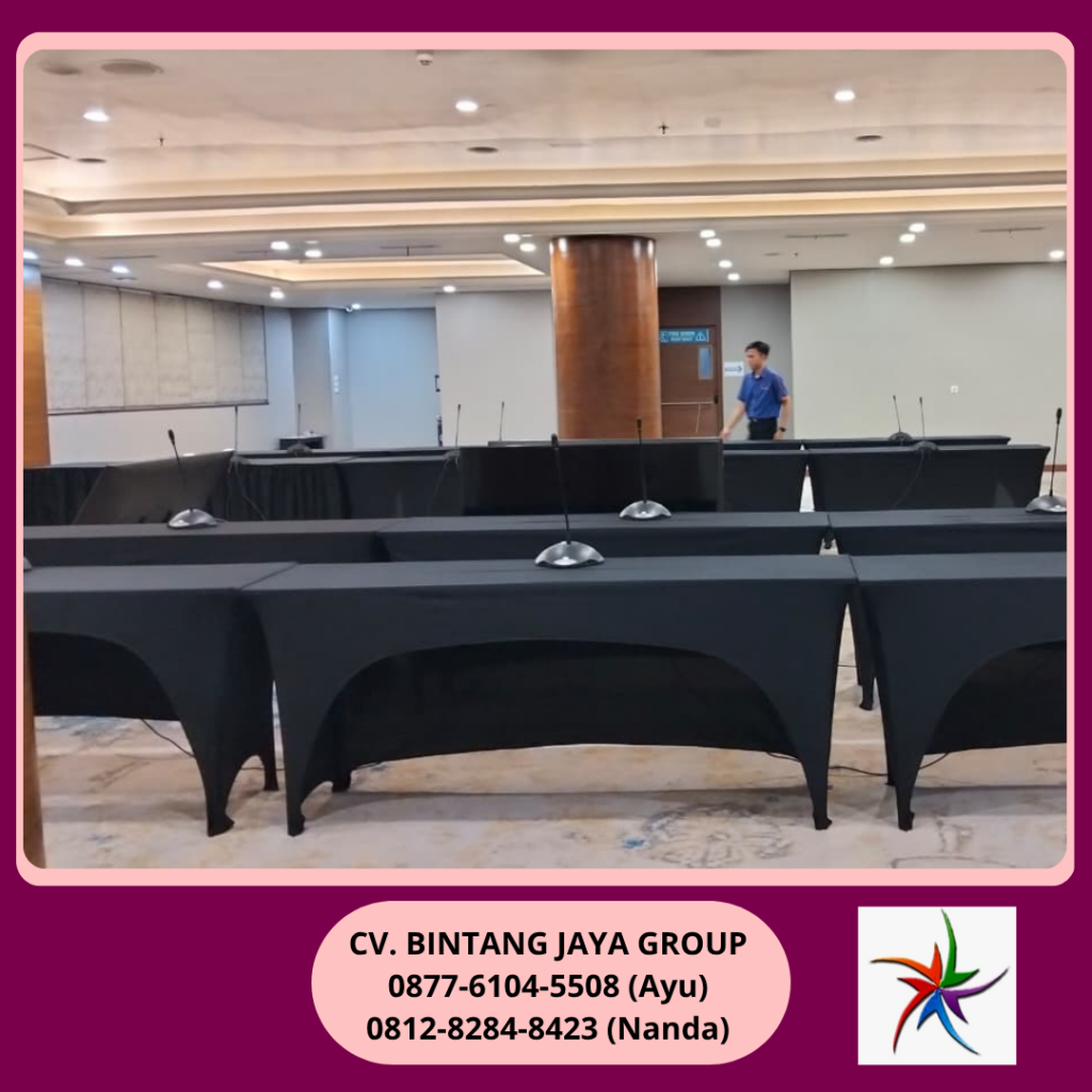 Sewa Meja Ibm 180x45cm Taplak Hitam Ketat Bogor