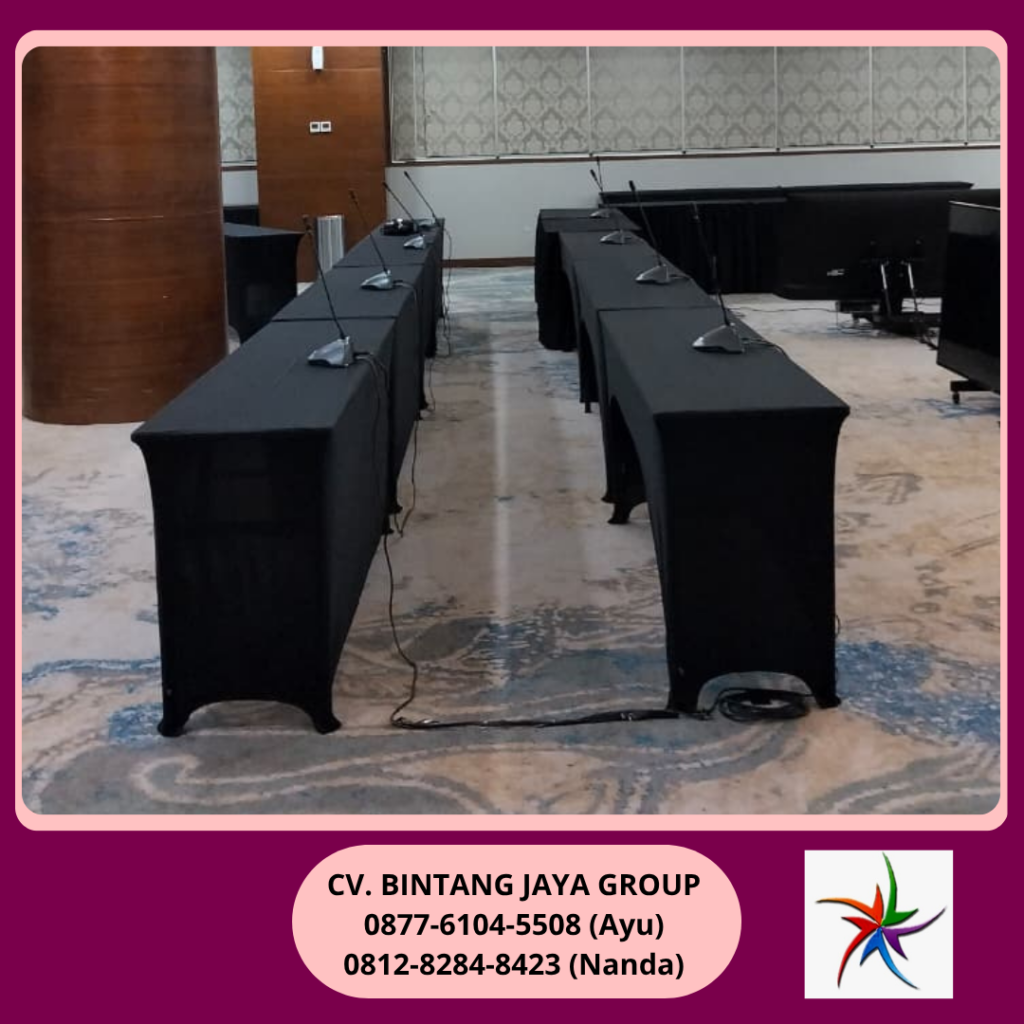 Sewa Meja Ibm 180x45cm Taplak Hitam Ketat Bogor